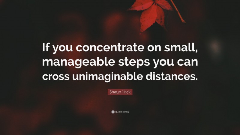 Shaun Hick Quote: “If you concentrate on small, manageable steps you can cross unimaginable distances.”