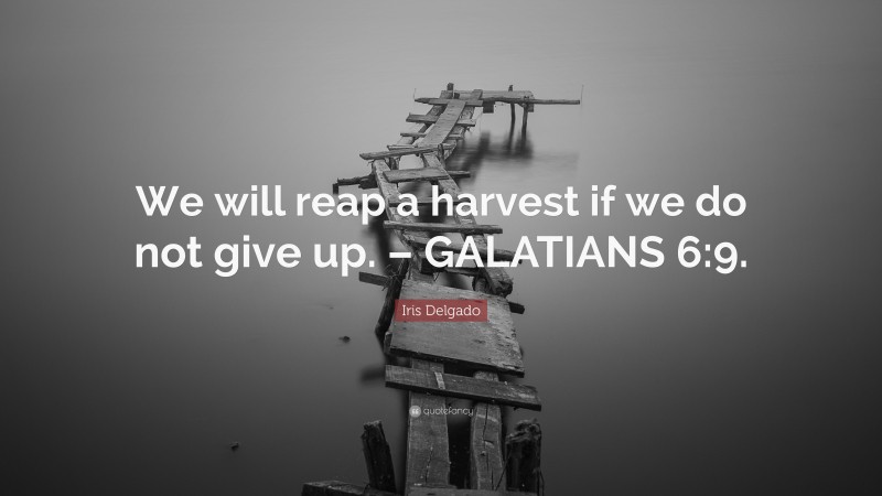 Iris Delgado Quote: “We will reap a harvest if we do not give up. – GALATIANS 6:9.”