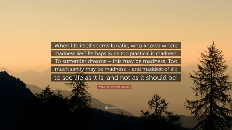 Miguel de Cervantes Saavedra Quote: “When life itself seems lunatic, who knows where madness lies? Perhaps to be too practical is madness. To surrender dreams – this may be madness. Too much sanity may be madness – and maddest of all: to see life as it is, and not as it should be!”