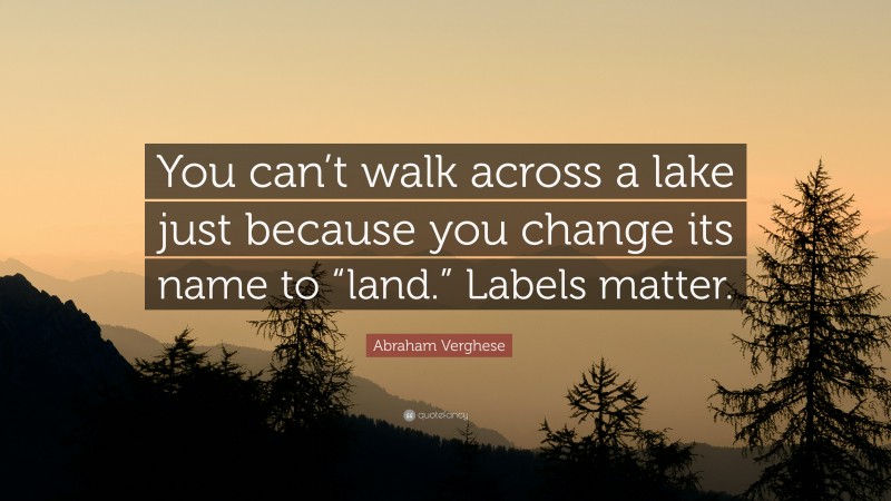 Abraham Verghese Quote: “You can’t walk across a lake just because you change its name to “land.” Labels matter.”