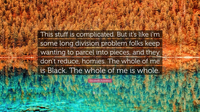 Elizabeth Acevedo Quote: “This stuff is complicated. But it’s like i’m some long division problem folks keep wanting to parcel into pieces, and they don’t reduce, homies. The whole of me is Black. The whole of me is whole.”