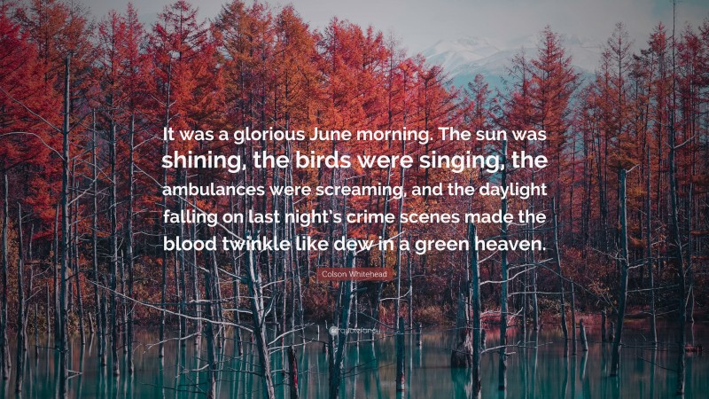 Colson Whitehead Quote: “It was a glorious June morning. The sun was shining, the birds were singing, the ambulances were screaming, and the daylight falling on last night’s crime scenes made the blood twinkle like dew in a green heaven.”