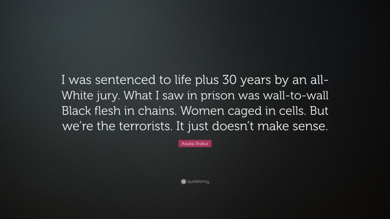 Assata Shakur Quote: “I was sentenced to life plus 30 years by an all-White jury. What I saw in prison was wall-to-wall Black flesh in chains. Women caged in cells. But we’re the terrorists. It just doesn’t make sense.”