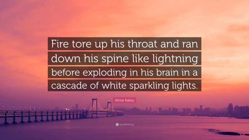 Alma Katsu Quote: “Fire tore up his throat and ran down his spine like lightning before exploding in his brain in a cascade of white sparkling lights.”