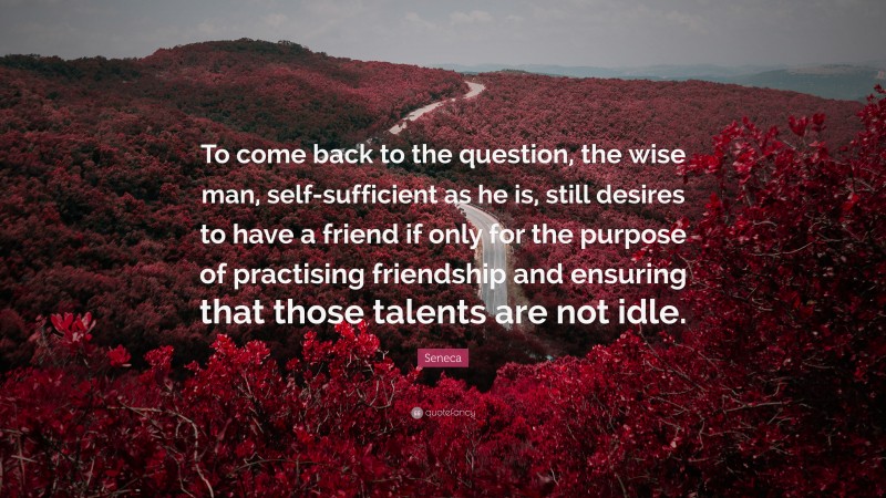 Seneca Quote: “To come back to the question, the wise man, self-sufficient as he is, still desires to have a friend if only for the purpose of practising friendship and ensuring that those talents are not idle.”