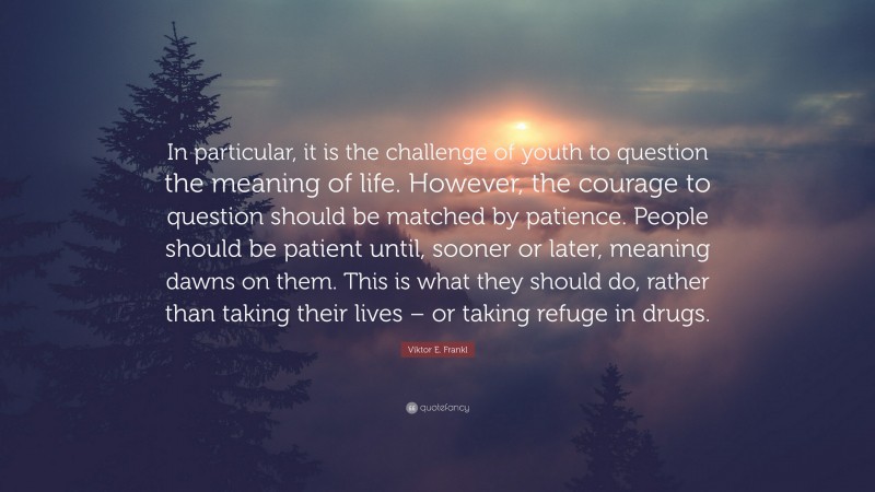 Viktor E. Frankl Quote: “In particular, it is the challenge of youth to question the meaning of life. However, the courage to question should be matched by patience. People should be patient until, sooner or later, meaning dawns on them. This is what they should do, rather than taking their lives – or taking refuge in drugs.”