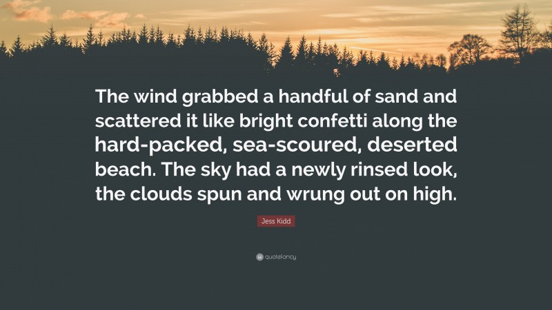 Jess Kidd Quote: “The wind grabbed a handful of sand and scattered it like bright confetti along the hard-packed, sea-scoured, deserted beach. The sky had a newly rinsed look, the clouds spun and wrung out on high.”