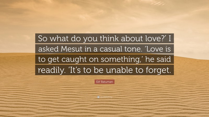 Elif Batuman Quote: “So what do you think about love?′ I asked Mesut in a casual tone. ‘Love is to get caught on something,’ he said readily. ‘It’s to be unable to forget.”