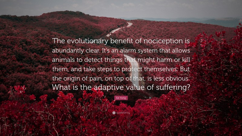 Ed Yong Quote: “The evolutionary benefit of nociception is abundantly clear. It’s an alarm system that allows animals to detect things that might harm or kill them, and take steps to protect themselves. But the origin of pain, on top of that, is less obvious. What is the adaptive value of suffering?”