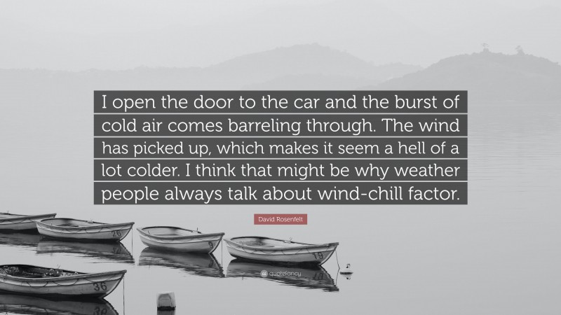 David Rosenfelt Quote: “I open the door to the car and the burst of cold air comes barreling through. The wind has picked up, which makes it seem a hell of a lot colder. I think that might be why weather people always talk about wind-chill factor.”