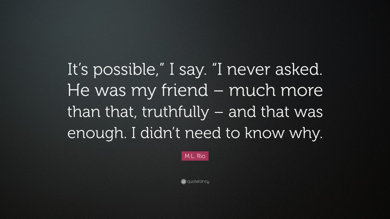 M.L. Rio Quote: “It’s possible,” I say. “I never asked. He was my friend – much more than that, truthfully – and that was enough. I didn’t need to know why.”