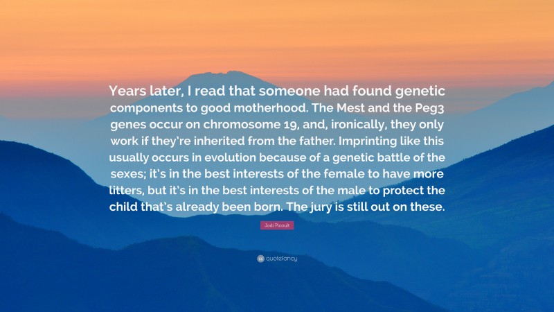 Jodi Picoult Quote: “Years later, I read that someone had found genetic components to good motherhood. The Mest and the Peg3 genes occur on chromosome 19, and, ironically, they only work if they’re inherited from the father. Imprinting like this usually occurs in evolution because of a genetic battle of the sexes; it’s in the best interests of the female to have more litters, but it’s in the best interests of the male to protect the child that’s already been born. The jury is still out on these.”