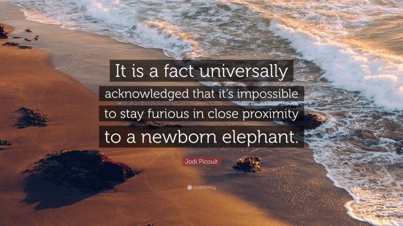 Jodi Picoult Quote: “It is a fact universally acknowledged that it’s impossible to stay furious in close proximity to a newborn elephant.”