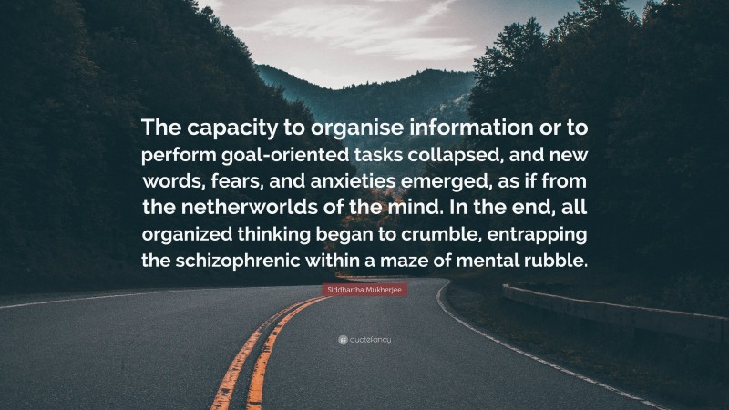 Siddhartha Mukherjee Quote: “The capacity to organise information or to perform goal-oriented tasks collapsed, and new words, fears, and anxieties emerged, as if from the netherworlds of the mind. In the end, all organized thinking began to crumble, entrapping the schizophrenic within a maze of mental rubble.”