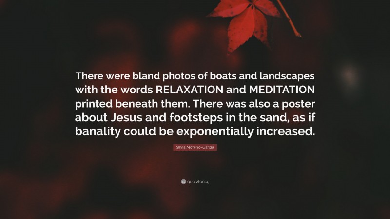 Silvia Moreno-Garcia Quote: “There were bland photos of boats and landscapes with the words RELAXATION and MEDITATION printed beneath them. There was also a poster about Jesus and footsteps in the sand, as if banality could be exponentially increased.”