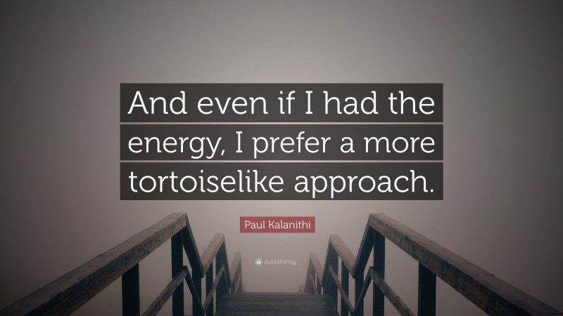 Paul Kalanithi Quote: “And even if I had the energy, I prefer a more tortoiselike approach.”