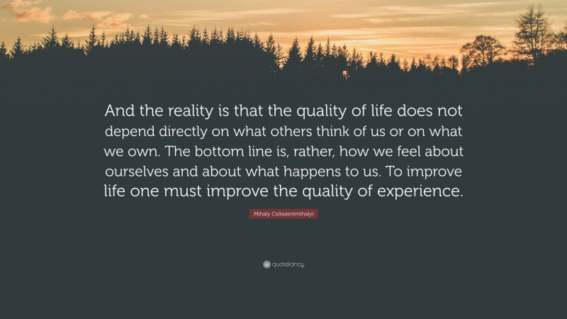 Mihaly Csikszentmihalyi Quote: “And the reality is that the quality of life does not depend directly on what others think of us or on what we own. The bottom line is, rather, how we feel about ourselves and about what happens to us. To improve life one must improve the quality of experience.”