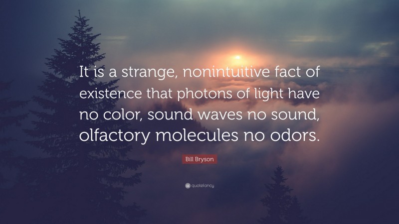 Bill Bryson Quote: “It is a strange, nonintuitive fact of existence that photons of light have no color, sound waves no sound, olfactory molecules no odors.”