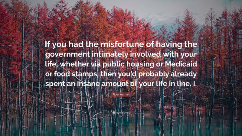 Piper Kerman Quote: “If you had the misfortune of having the government intimately involved with your life, whether via public housing or Medicaid or food stamps, then you’d probably already spent an insane amount of your life in line. I.”