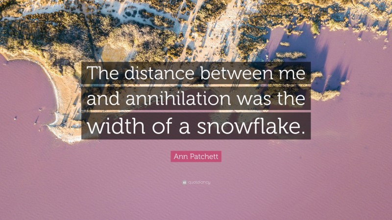 Ann Patchett Quote: “The distance between me and annihilation was the width of a snowflake.”