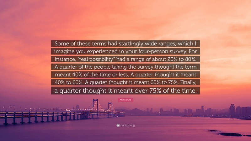 Annie Duke Quote: “Some of these terms had startlingly wide ranges, which I imagine you experienced in your four-person survey. For instance, “real possibility” had a range of about 20% to 80%. A quarter of the people taking the survey thought the term meant 40% of the time or less. A quarter thought it meant 40% to 60%. A quarter thought it meant 60% to 75%. Finally, a quarter thought it meant over 75% of the time.”