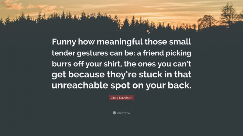 Craig Davidson Quote: “Funny how meaningful those small tender gestures can be: a friend picking burrs off your shirt, the ones you can’t get because they’re stuck in that unreachable spot on your back.”