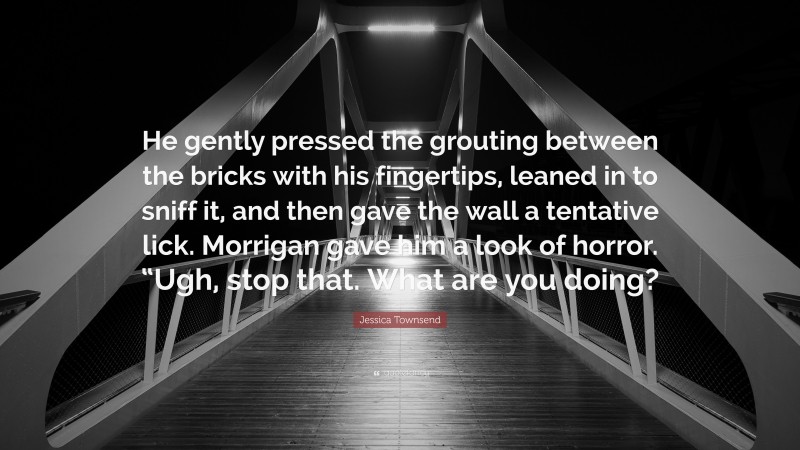 Jessica Townsend Quote: “He gently pressed the grouting between the bricks with his fingertips, leaned in to sniff it, and then gave the wall a tentative lick. Morrigan gave him a look of horror. “Ugh, stop that. What are you doing?”