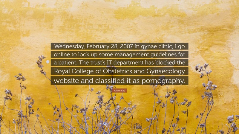 Adam Kay Quote: “Wednesday, February 28, 2007 In gynae clinic, I go online to look up some management guidelines for a patient. The trust’s IT department has blocked the Royal College of Obstetrics and Gynaecology website and classified it as pornography.”