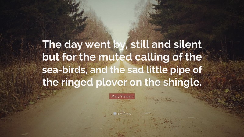 Mary Stewart Quote: “The day went by, still and silent but for the muted calling of the sea-birds, and the sad little pipe of the ringed plover on the shingle.”