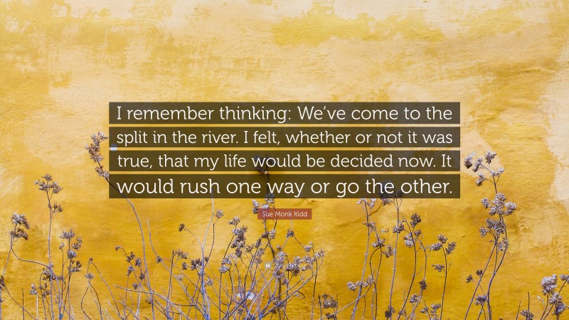 Sue Monk Kidd Quote: “I remember thinking: We’ve come to the split in the river. I felt, whether or not it was true, that my life would be decided now. It would rush one way or go the other.”