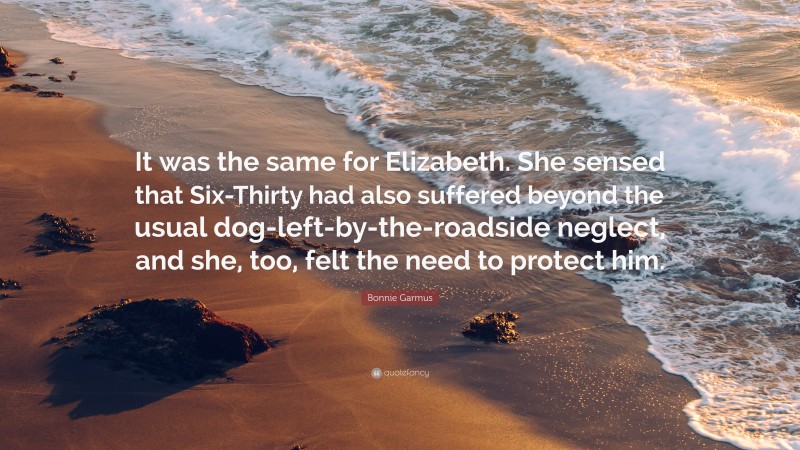 Bonnie Garmus Quote: “It was the same for Elizabeth. She sensed that Six-Thirty had also suffered beyond the usual dog-left-by-the-roadside neglect, and she, too, felt the need to protect him.”