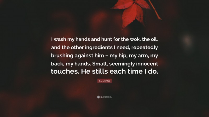 E.L. James Quote: “I wash my hands and hunt for the wok, the oil, and the other ingredients I need, repeatedly brushing against him – my hip, my arm, my back, my hands. Small, seemingly innocent touches. He stills each time I do.”