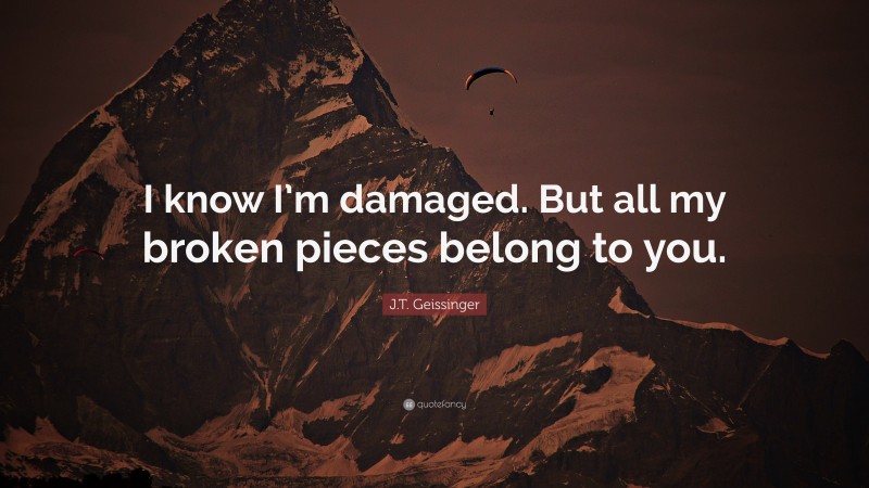 J.T. Geissinger Quote: “I know I’m damaged. But all my broken pieces belong to you.”