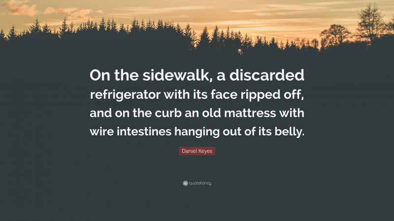 Daniel Keyes Quote: “On the sidewalk, a discarded refrigerator with its face ripped off, and on the curb an old mattress with wire intestines hanging out of its belly.”