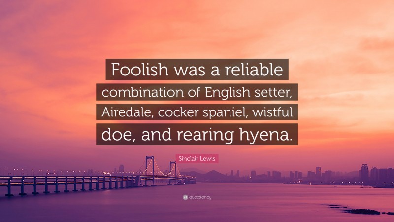 Sinclair Lewis Quote: “Foolish was a reliable combination of English setter, Airedale, cocker spaniel, wistful doe, and rearing hyena.”