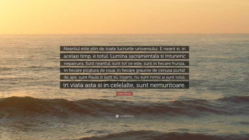 Isabel Allende Quote: “Neantul este plin de toate lucrurile universului. E neant si, in acelasi timp, e totul. Lumina sacramentala si intuneric nepatruns. Sunt neantul, sunt tot ce este, sunt in fiecare frunza, in fiecare picatura de roua, in fiecare graunte de cenusa purtat de ape, sunt Paula si sunt eu insami, nu sunt nimic si sunt totul, in viata asta si in celelalte, sunt nemuritoare.”