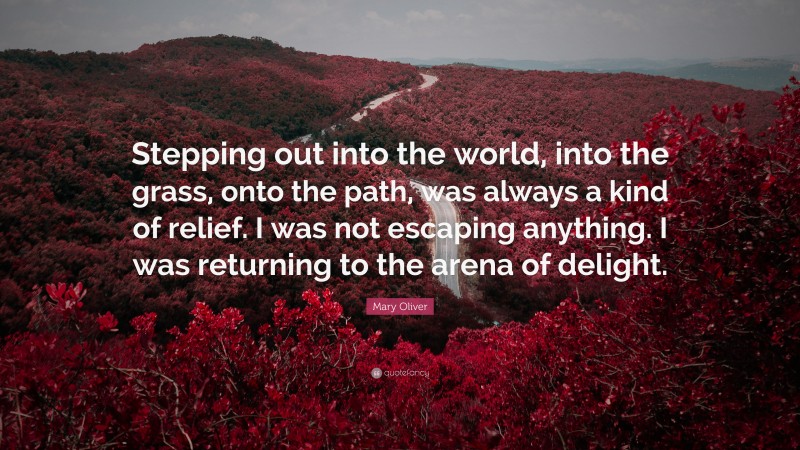 Mary Oliver Quote: “Stepping out into the world, into the grass, onto the path, was always a kind of relief. I was not escaping anything. I was returning to the arena of delight.”