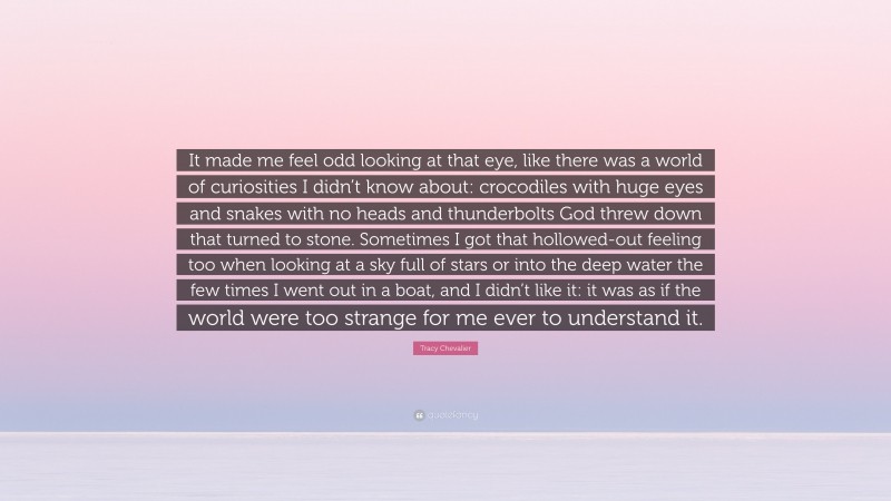 Tracy Chevalier Quote: “It made me feel odd looking at that eye, like there was a world of curiosities I didn’t know about: crocodiles with huge eyes and snakes with no heads and thunderbolts God threw down that turned to stone. Sometimes I got that hollowed-out feeling too when looking at a sky full of stars or into the deep water the few times I went out in a boat, and I didn’t like it: it was as if the world were too strange for me ever to understand it.”