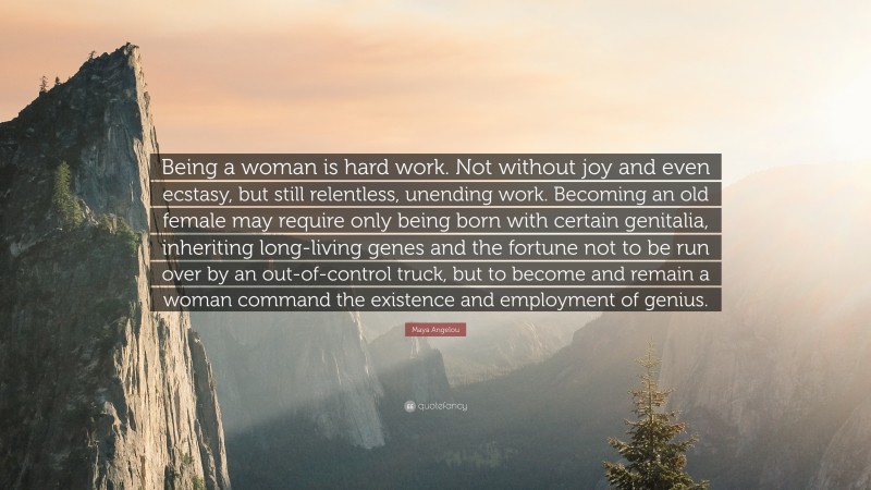 Maya Angelou Quote: “Being a woman is hard work. Not without joy and even ecstasy, but still relentless, unending work. Becoming an old female may require only being born with certain genitalia, inheriting long-living genes and the fortune not to be run over by an out-of-control truck, but to become and remain a woman command the existence and employment of genius.”