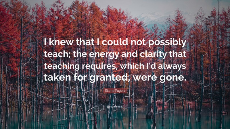 Elaine Pagels Quote: “I knew that I could not possibly teach; the energy and clarity that teaching requires, which I’d always taken for granted, were gone.”