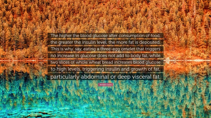 William Davis Quote: “The higher the blood glucose after consumption of food, the greater the insulin level, the more fat is deposited. This is why, say, eating a three-egg omelet that triggers no increase in glucose does not add to body fat, while two slices of whole wheat bread increases blood glucose to high levels, triggering insulin and growth of fat, particularly abdominal or deep visceral fat.”