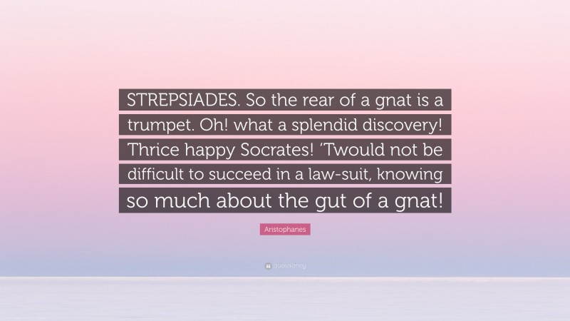 Aristophanes Quote: “STREPSIADES. So the rear of a gnat is a trumpet. Oh! what a splendid discovery! Thrice happy Socrates! ‘Twould not be difficult to succeed in a law-suit, knowing so much about the gut of a gnat!”