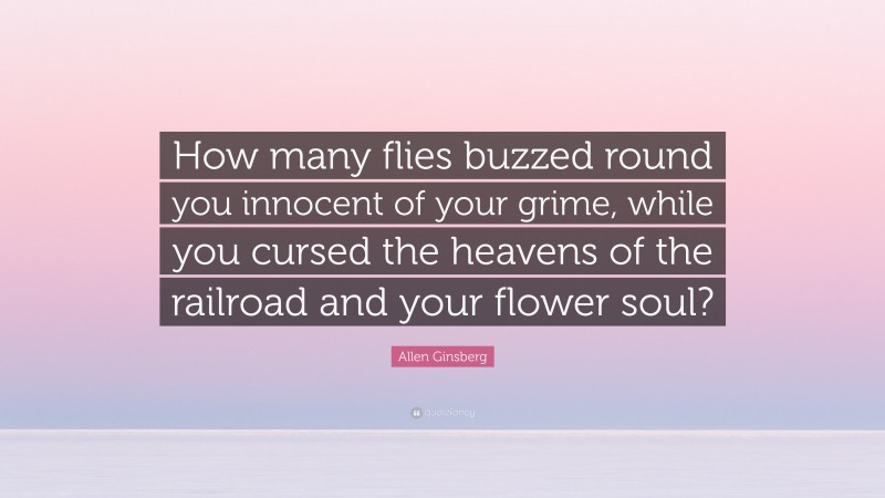 Allen Ginsberg Quote: “How many flies buzzed round you innocent of your grime, while you cursed the heavens of the railroad and your flower soul?”