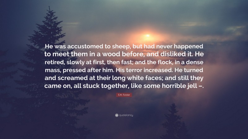 E.M. Forster Quote: “He was accustomed to sheep, but had never happened to meet them in a wood before, and disliked it. He retired, slowly at first, then fast; and the flock, in a dense mass, pressed after him. His terror increased. He turned and screamed at their long white faces; and still they came on, all stuck together, like some horrible jell –.”