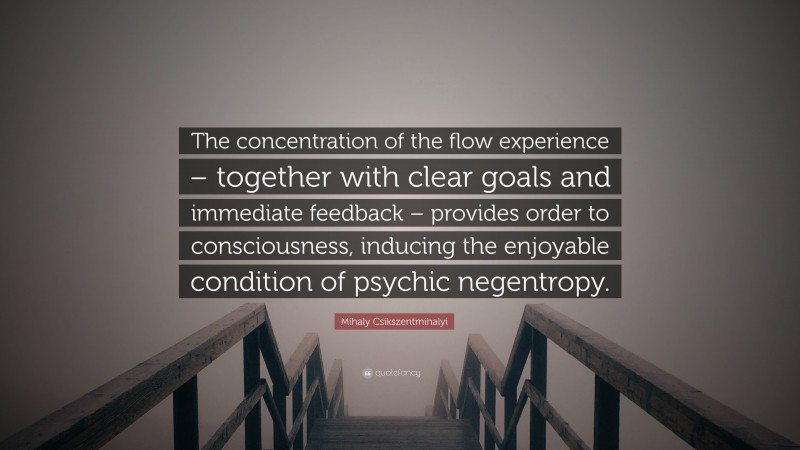 Mihaly Csikszentmihalyi Quote: “The concentration of the flow experience – together with clear goals and immediate feedback – provides order to consciousness, inducing the enjoyable condition of psychic negentropy.”