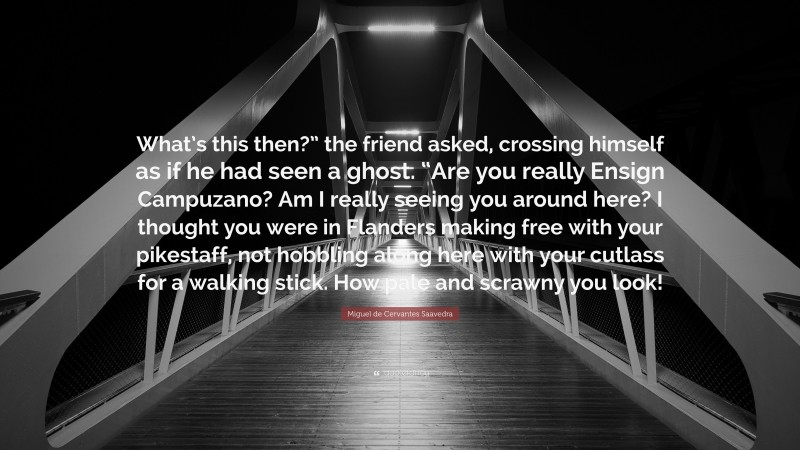Miguel de Cervantes Saavedra Quote: “What’s this then?” the friend asked, crossing himself as if he had seen a ghost. “Are you really Ensign Campuzano? Am I really seeing you around here? I thought you were in Flanders making free with your pikestaff, not hobbling along here with your cutlass for a walking stick. How pale and scrawny you look!”