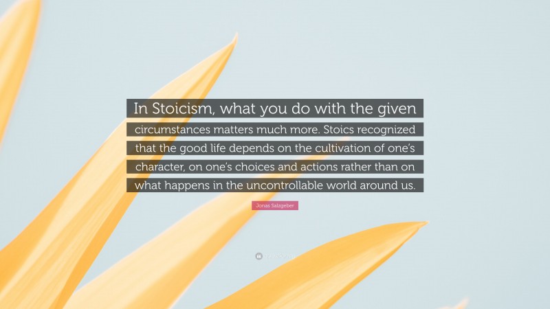 Jonas Salzgeber Quote: “In Stoicism, what you do with the given circumstances matters much more. Stoics recognized that the good life depends on the cultivation of one’s character, on one’s choices and actions rather than on what happens in the uncontrollable world around us.”
