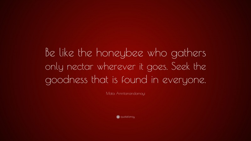 Mata Amritanandamayi Quote: “Be like the honeybee who gathers only nectar wherever it goes. Seek the goodness that is found in everyone.”