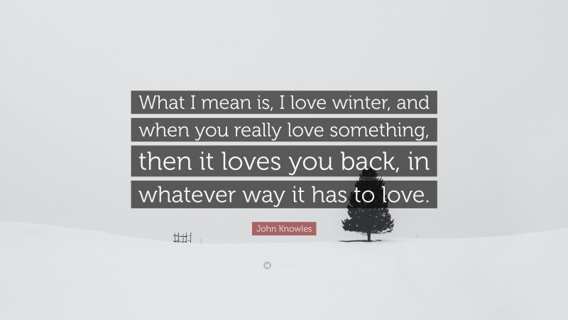 John Knowles Quote: “What I mean is, I love winter, and when you really love something, then it loves you back, in whatever way it has to love.”