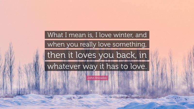 John Knowles Quote: “What I mean is, I love winter, and when you really love something, then it loves you back, in whatever way it has to love.”
